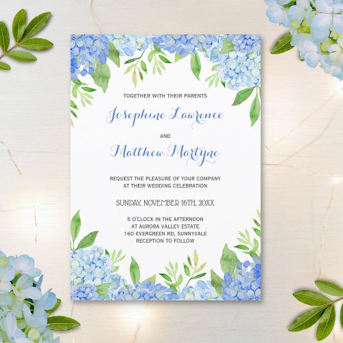 Blue Hydrangea Floral Greenery Wedding Invitation