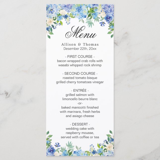 Blue Hydrangea  Floral Greenery Wedding Menu Card (Front)