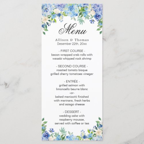 Blue Hydrangea  Floral Greenery Wedding Menu Card