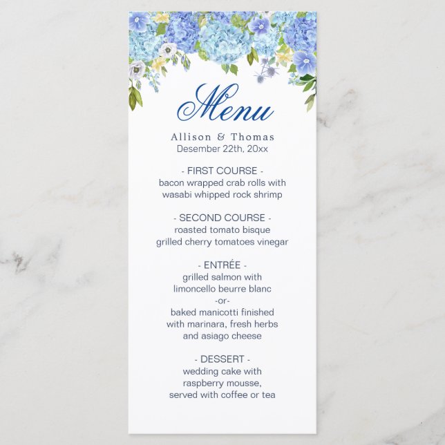 Blue Hydrangea  Floral Greenery Wedding Menu Card (Front)