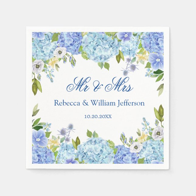 Blue Hydrangea Floral Greenery Wedding Paper Napkins (Front)