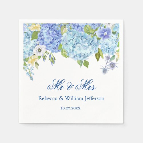 Blue Hydrangea Floral Greenery Wedding Paper Napkins