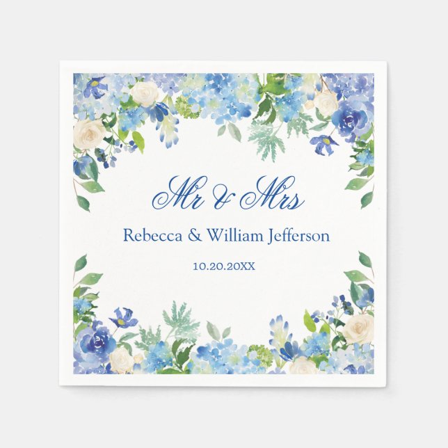Blue Hydrangea Floral Greenery Wedding Paper Napkins (Front)