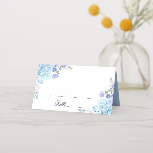 Blue Hydrangea  Floral Greenery Wedding Table Place Card (Front)