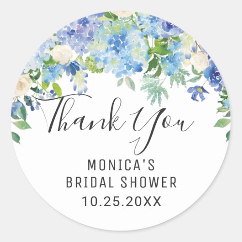 Blue Hydrangea Floral Greenery Wedding Thank You Classic Round Sticker