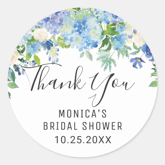 Blue Hydrangea Floral Greenery Wedding Thank You Classic Round Sticker ...
