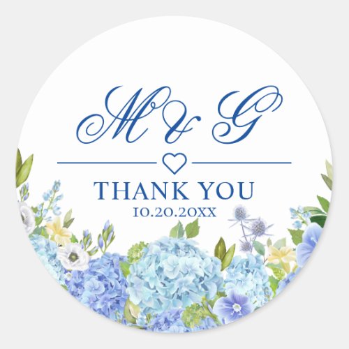 Blue Hydrangea Floral Greenery Wedding Thank You Classic Round Sticker