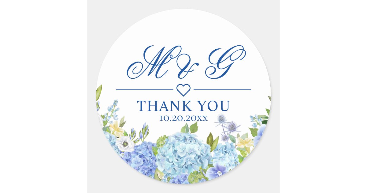 Blue Hydrangea Floral Greenery Wedding Thank You Classic Round Sticker ...