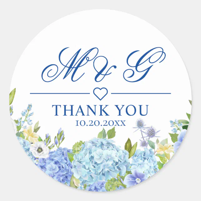 Blue Hydrangea Floral Greenery Wedding Thank You Classic Round Sticker ...