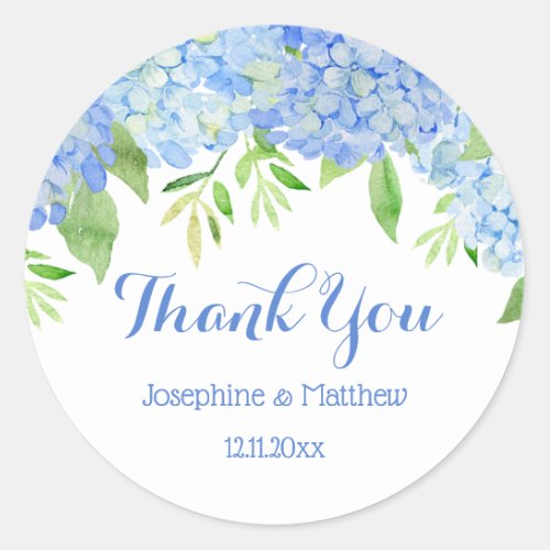 Blue Hydrangea Floral Greenery Wedding Thank You Classic Round Sticker