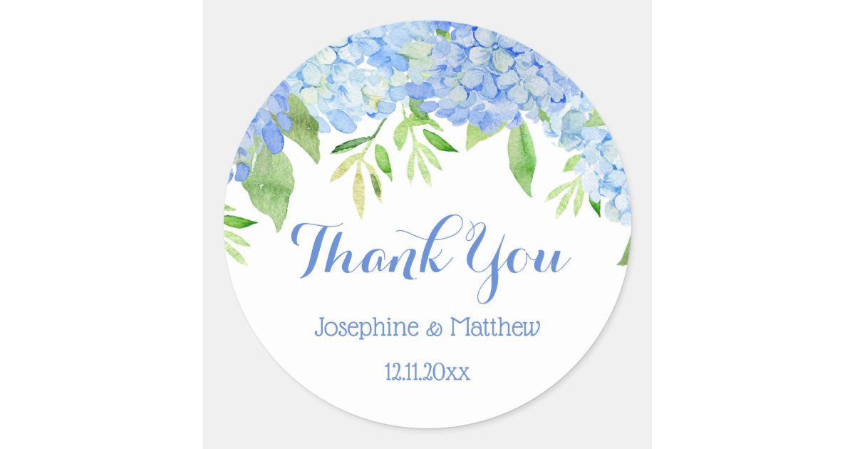Blue Hydrangea Floral Greenery Wedding Thank You Classic Round Sticker ...