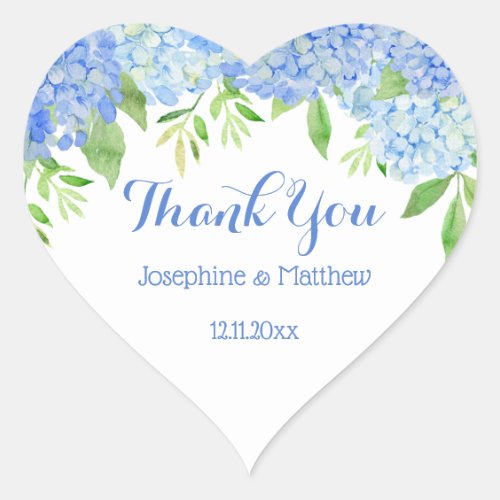 Blue Hydrangea Floral Greenery Wedding Thank You Heart Sticker