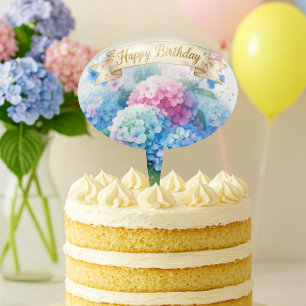  Blue Hydrangea Floral Happy Birthday  Cake Topper