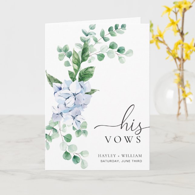 Blue Hydrangea Floral His Vows Wedding Card (Yellow Flower)