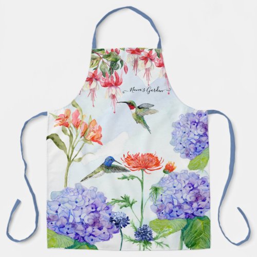 Blue Hydrangea Floral Hummingbird Nanas Garden Art Apron