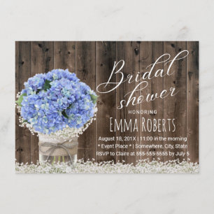 Blue Hydrangea Floral Jar Barn Wood Bridal Shower Invitation