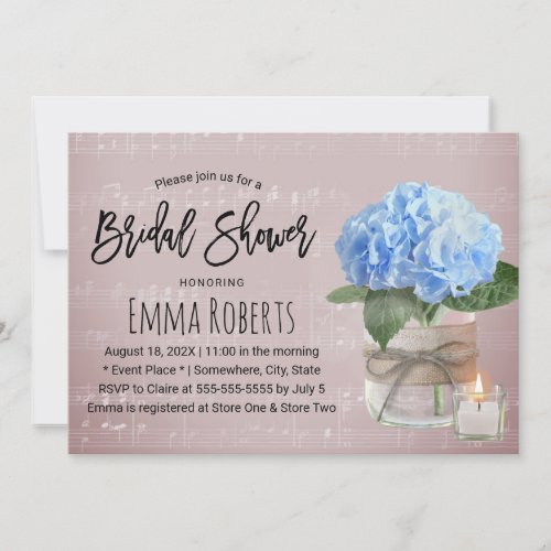 Blue Hydrangea Floral Jar Music Bridal Shower Invitation