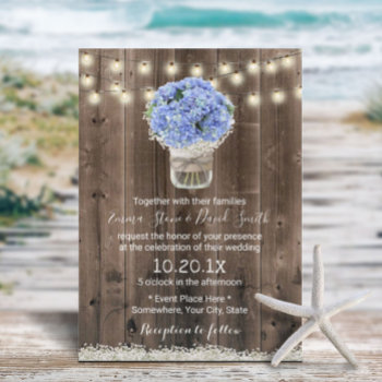 Blue Hydrangea Floral Jar Rustic Barn Wood Wedding Invitation by myinvitation at Zazzle