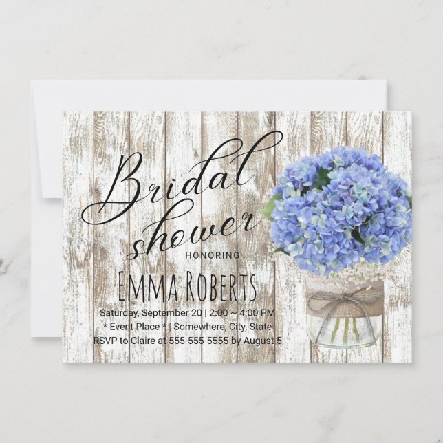 Blue Hydrangea Floral Jar Rustic Bridal Shower Invitation (Front)