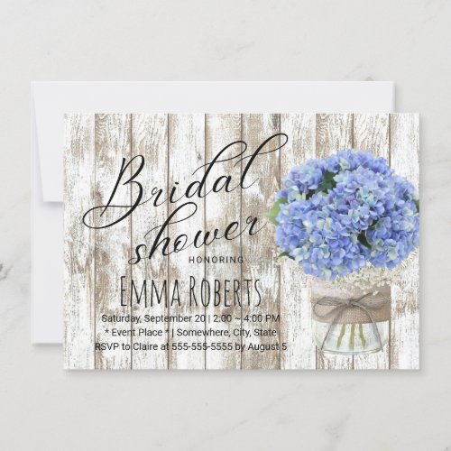 Blue Hydrangea Floral Jar Rustic Bridal Shower Invitation