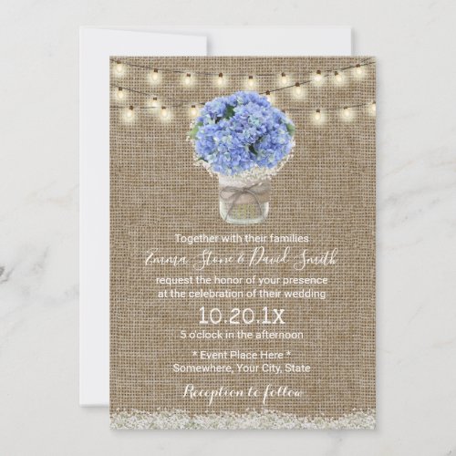 Blue Hydrangea Floral Jar Rustic Burlap Wedding Invitation