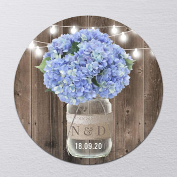 Blue Hydrangea Floral Jar Rustic Wood Wedding Classic Round Sticker by myinvitation at Zazzle