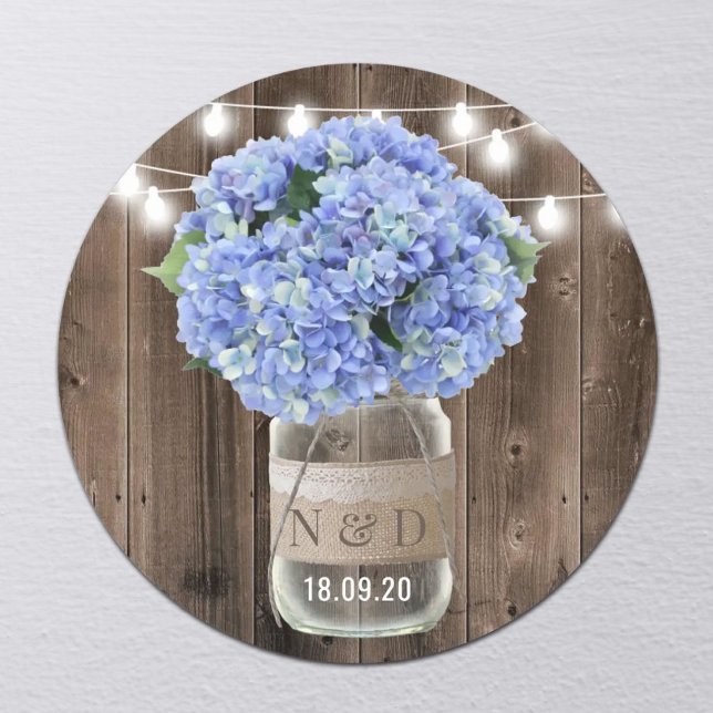 Blue Hydrangea Floral Jar Rustic Wood Wedding Classic Round Sticker (Creator Uploaded)
