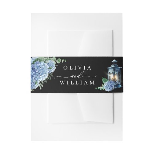 Blue Hydrangea Floral Lantern Black Boho  Wedding Invitation Belly Band