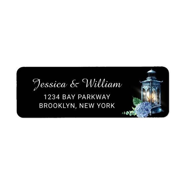 Blue Hydrangea Floral Lantern Black Boho Wedding   Label (Front)