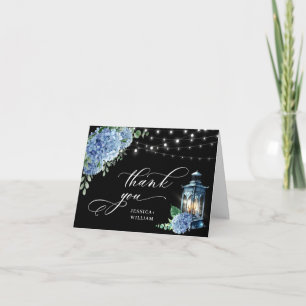 Blue Hydrangea Floral Lantern Black Boho Wedding Letterpress Thank You Card