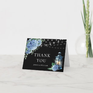 Blue Hydrangea Floral Lantern Black Boho Wedding Letterpress Thank You Card
