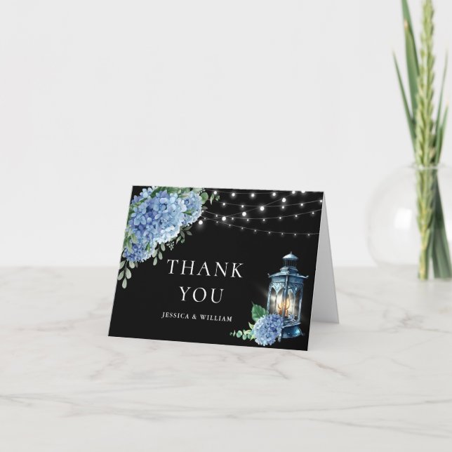 Blue Hydrangea Floral Lantern Black Boho Wedding Letterpress Thank You Card (Front)