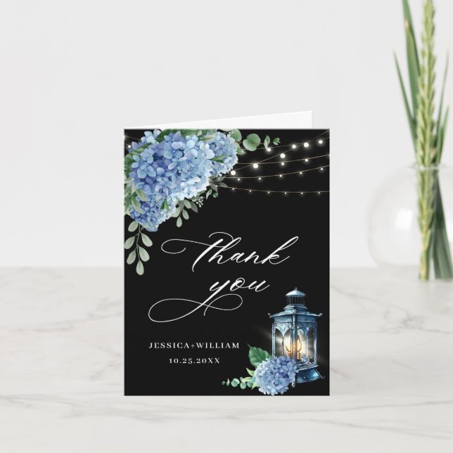 Blue Hydrangea Floral Lantern Black Boho Wedding Letterpress Thank You Card (Front)