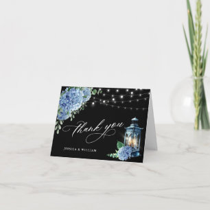 Blue Hydrangea Floral Lantern Black Boho Wedding Letterpress Thank You Card