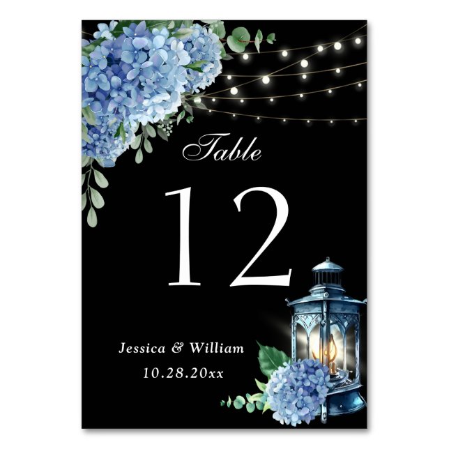 Blue Hydrangea Floral Lantern Black Boho Wedding Table Number (Front)