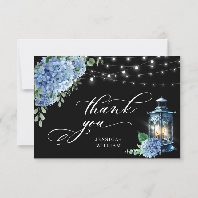 Blue Hydrangea Floral Lantern Black Boho  Wedding Thank You Card (Front)