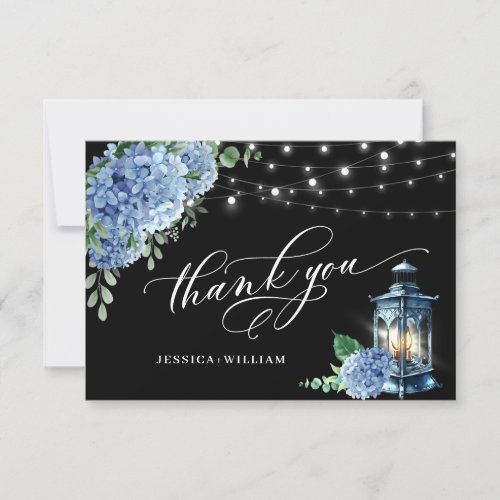 Blue Hydrangea Floral Lantern Black Boho Wedding Thank You Card