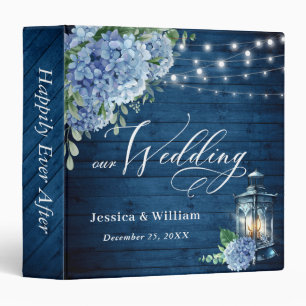 Blue Hydrangea Floral Lantern Navy Wood Wedding 3 Ring Binder