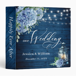 Blue Hydrangea Floral Lantern Navy Wood Wedding 3 Ring Binder