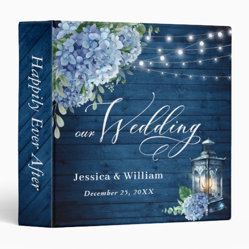 Blue Hydrangea Floral Lantern Navy Wood Wedding 3 Ring Binder