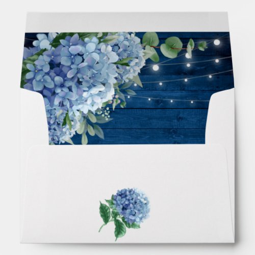 Blue Hydrangea Floral Lantern Navy Wood Wedding Envelope