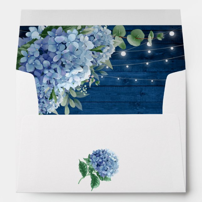 Blue Hydrangea Floral Lantern Navy Wood Wedding Envelope (Back (Bottom))