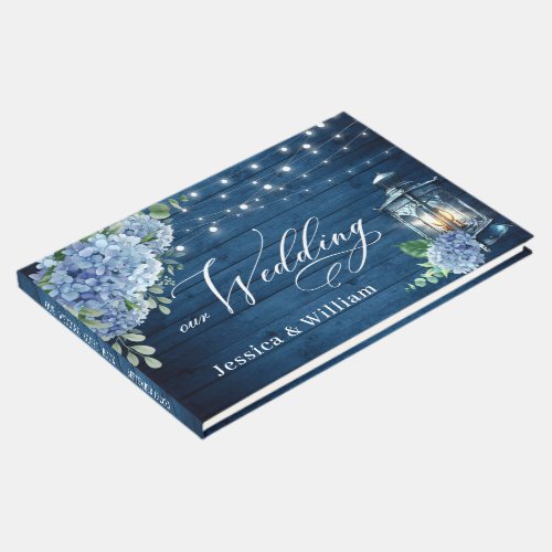 Blue Hydrangea Floral Lantern Navy Wood Wedding Guest Book