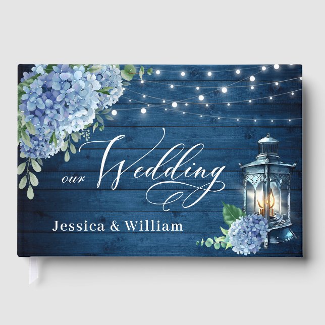 Blue Hydrangea Floral Lantern Navy Wood Wedding Guest Book (Front)