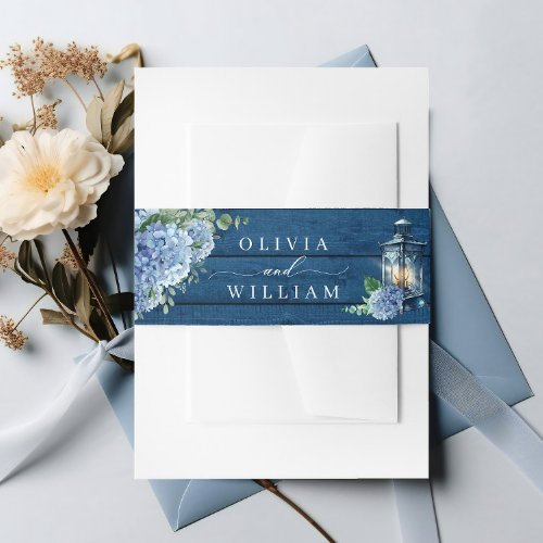 Blue Hydrangea Floral Lantern Navy Wood Wedding Invitation Belly Band