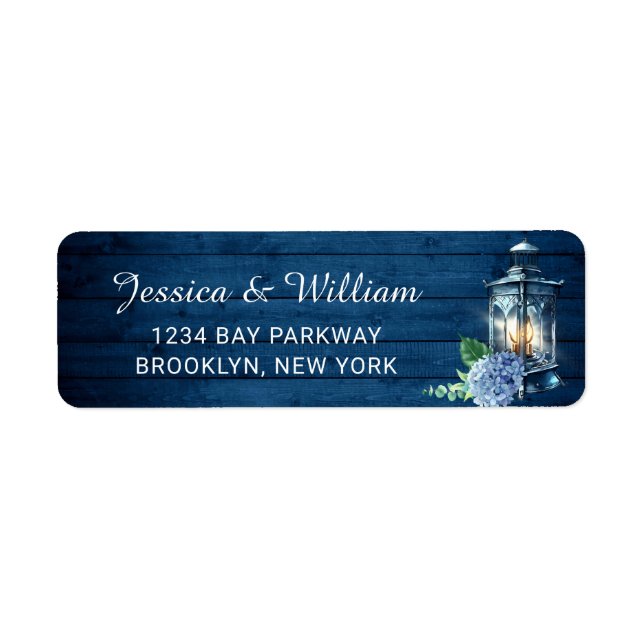 Blue Hydrangea Floral Lantern Navy Wood Wedding Label (Front)