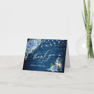 Blue Hydrangea Floral Lantern Navy Wood Wedding Letterpress Thank You Card