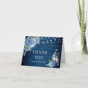 Blue Hydrangea Floral Lantern Navy Wood Wedding Letterpress Thank You Card