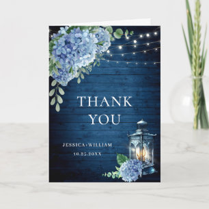 Blue Hydrangea Floral Lantern Navy Wood Wedding Letterpress Thank You Card