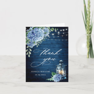 Blue Hydrangea Floral Lantern Navy Wood Wedding Letterpress Thank You Card
